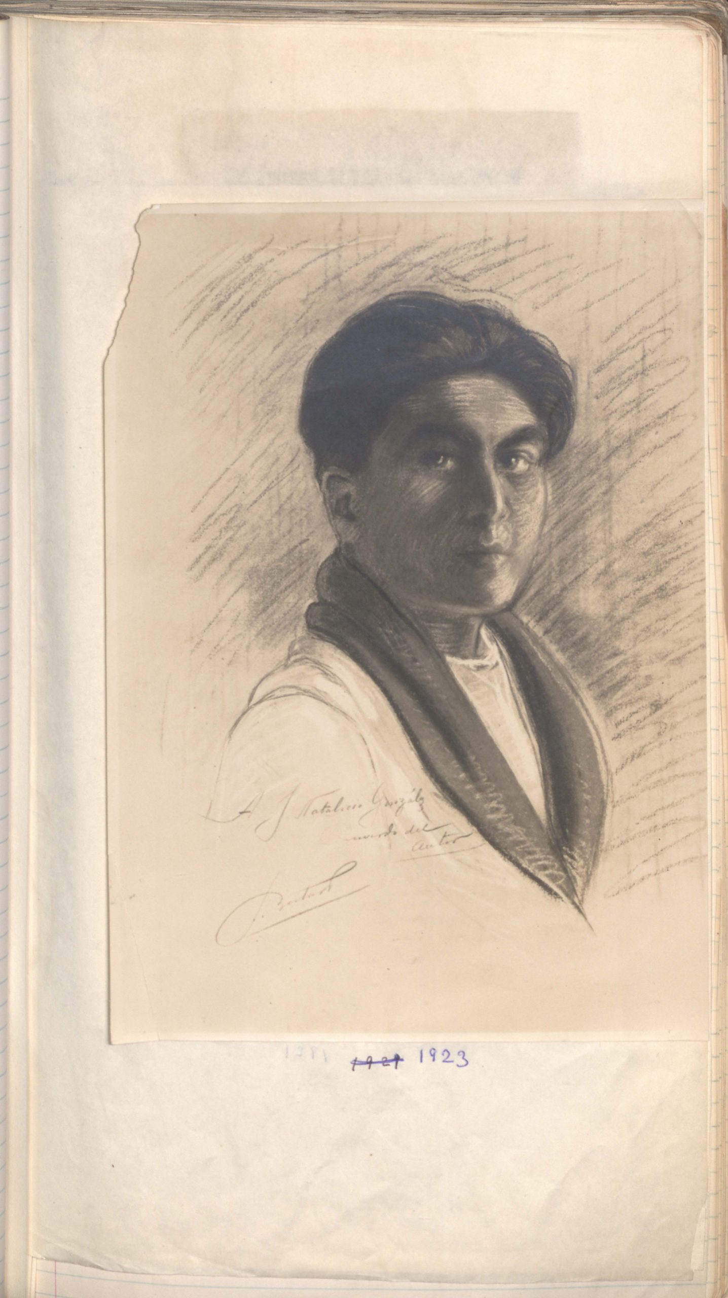 Juan Natalicio González. Retrato a lápiz de Jaime Bestard, 1923. Imagen de álbum personal de JNG. Acervo Universidad de Kansas / ANA.