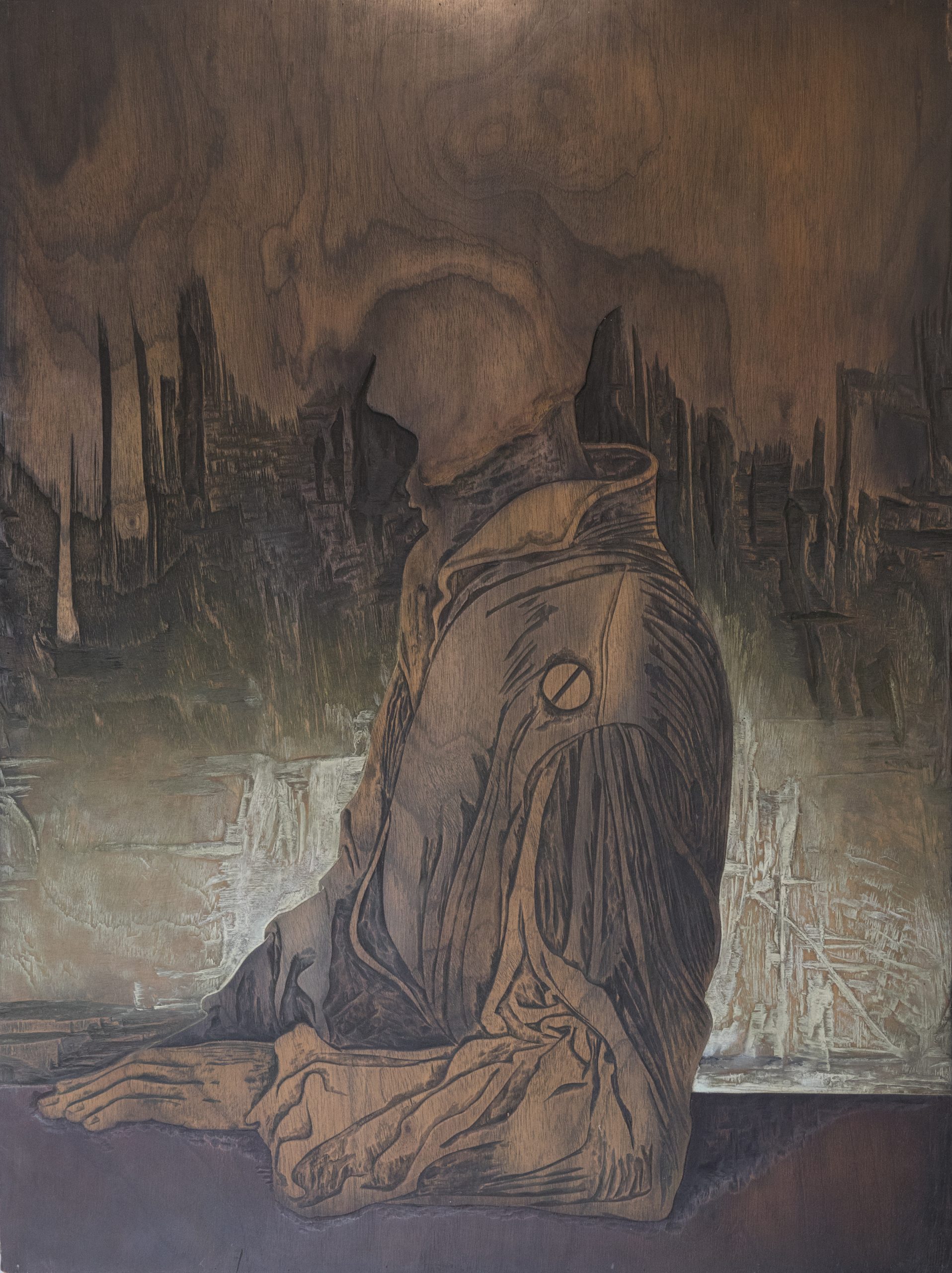 Carlos Colombino. El hombre de la camisa, de la serie “Reflexiones sobre Durero”, 1977. Xilopintura. 107 x 80 cm.