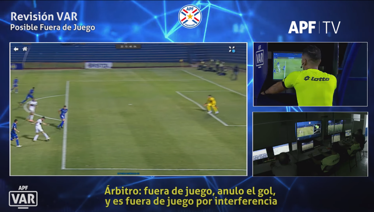 Según el criterio arbitral, el gol fue anulado por posición adelantada en supuesta interferencia de Roque Santa Cruz a Milciades Portillo. Foto: Captura.