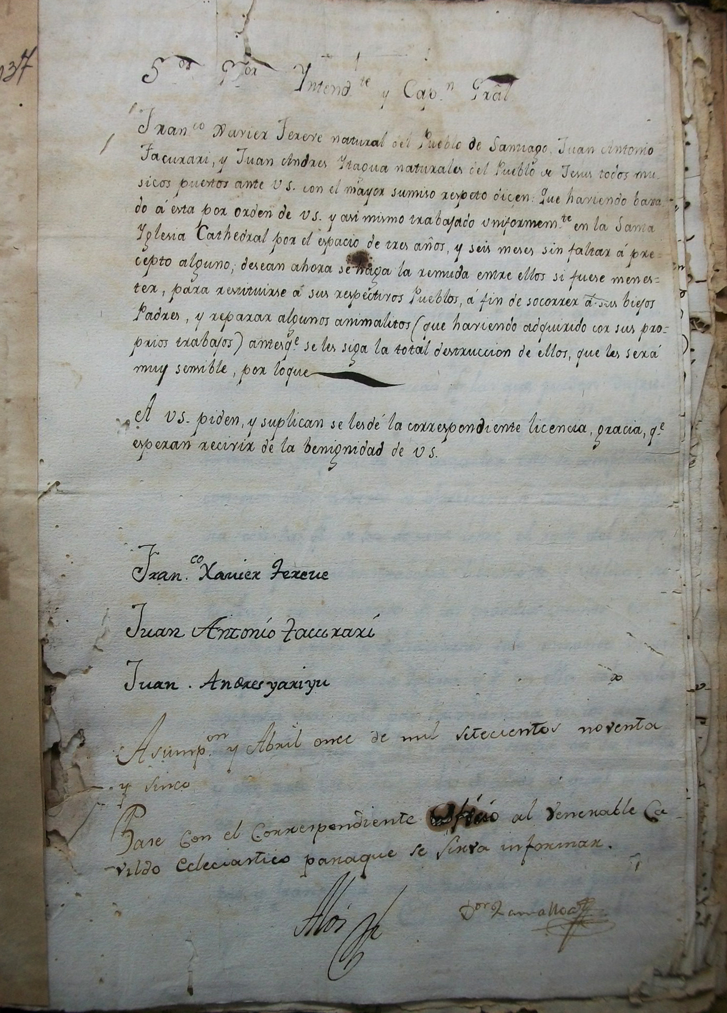 Petición presentada en 1795 por Francisco Javier Tereve, Juan Antonio Tacurari y Juan Andres Itagua, músicos de la Catedral, para volver a sus pueblos (ANA, Nueva Encuadernación, vol. 3379, f. 33-34).