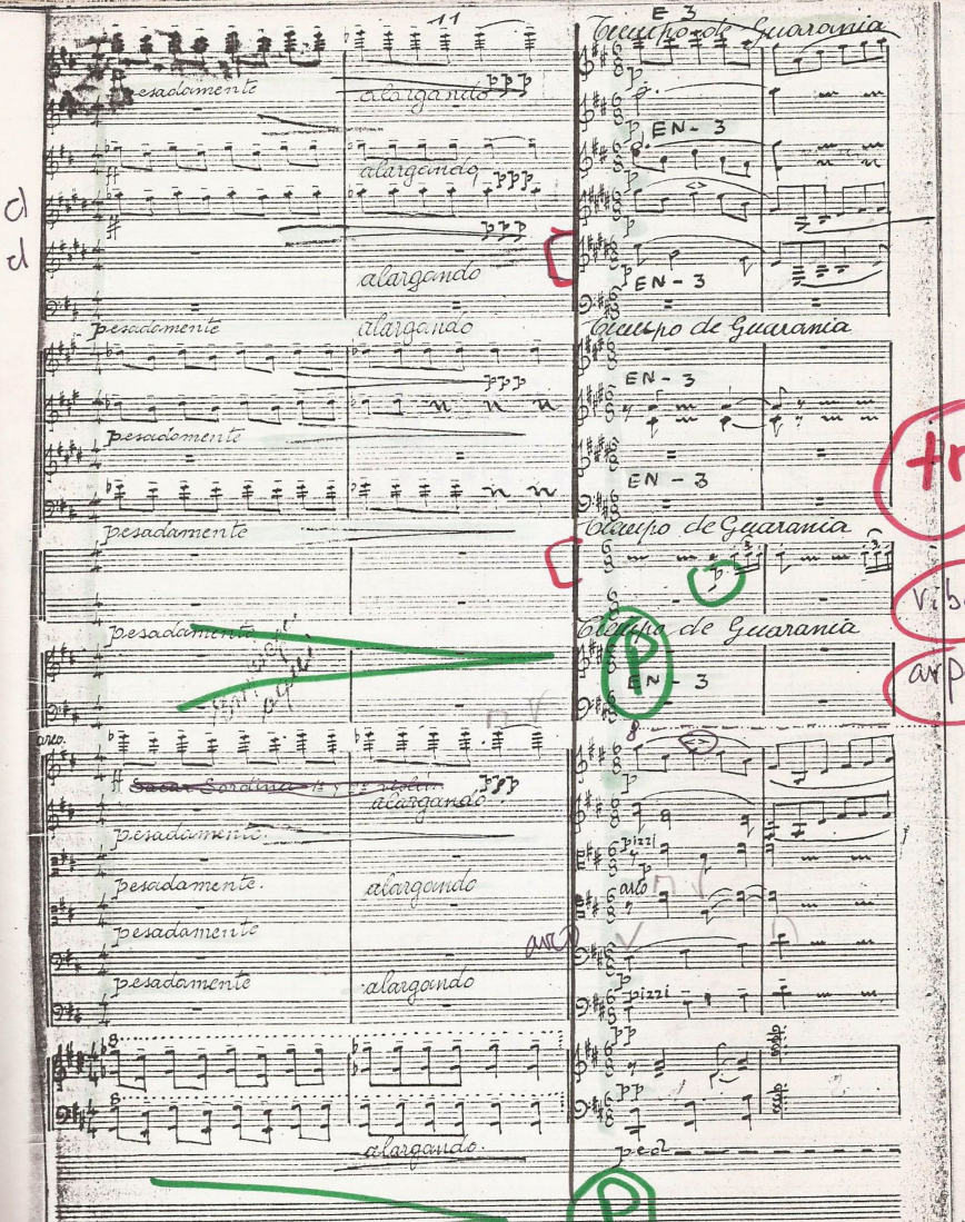 Ejemplo nº 2: “Mburikaó”, guarania sinfónica, de J. A. Flores. Nótese que, en el tercer compás de esta página, cuando se inicia el “Tiempo de guarania”, la cifra del compás es de 6/8, pero el maestro pide marcar “en tres” tiempos (Archivo personal de Diego Sánchez Haase). 