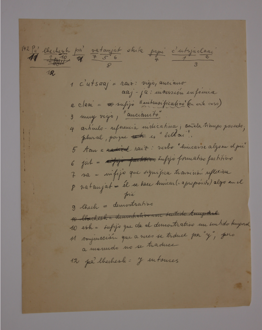 Anotaciones manuscritas de vocabulario nivaclé. Colección Chase-Sardi, Biblioteca Cervantes, CCEJS © Fredy Fretes