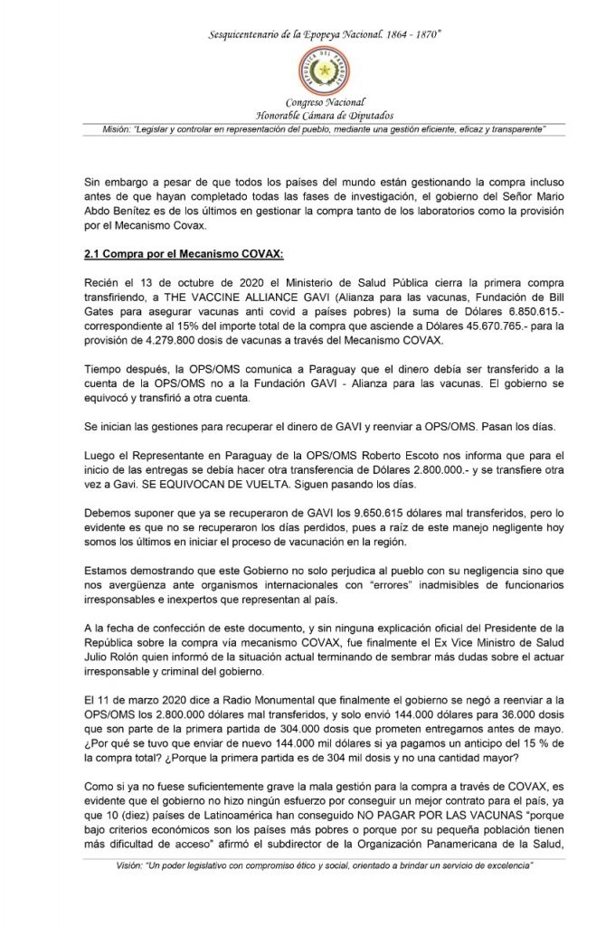 Parte del libelo acusatorio contra el presidente donde se habla del error en el envío de dinero para el pago de las vacunas. Foto: Gentileza.