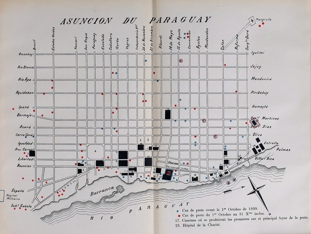 Mapa de la distribución de casos de peste bubónica en Asunción, elaborado por la misión médica argentina dirigida por el Dr. Carlos Malbrán, 1900