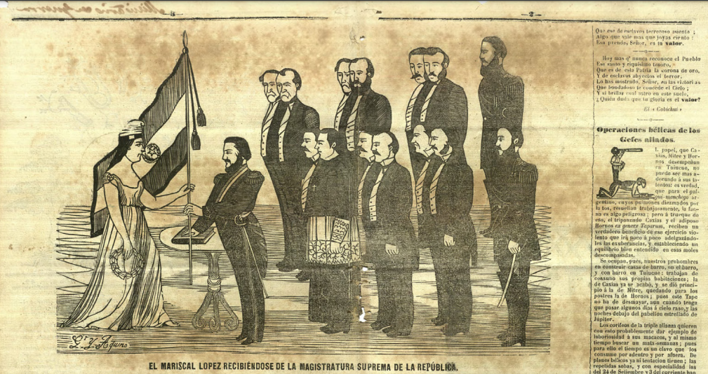 : La representación femenina de la patria no era nueva en el Paraguay. En la imagen, el juramento presidencial de López ante la Patria. Cabichu’i, Nº 47, 16 de octubre de 1867. Colección Biblioteca Nacional digital