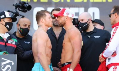 Cara a cara de Canelo Álvarez y Billy Joe Saunders. (Foto: Twitter@DAZNBoxing)