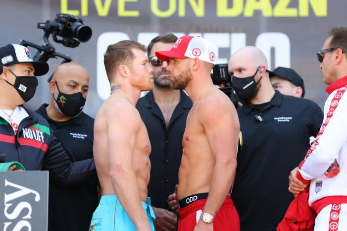 Cara a cara de Canelo Álvarez y Billy Joe Saunders. (Foto: Twitter@DAZNBoxing)