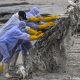 Marinos, durante las labores de limpieza de una de las playas contaminadas. Foto: Dw.