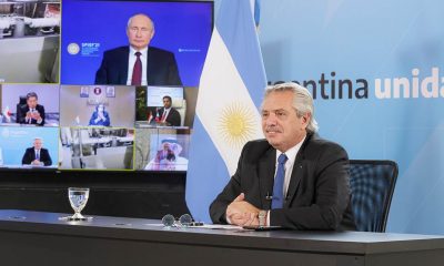 Alberto Fernández, en la videoconferencia con Vladimir Putin. Foto: Télam.