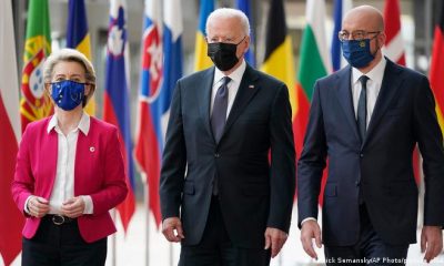 Von der Leyen y el titular del Consejo Europeo, Charles Michel, se reúnen con el presidente de Estados Unidos, Joe Biden. Foto: DW.