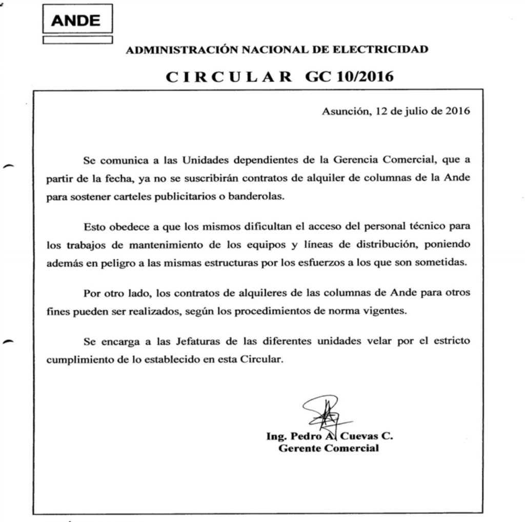 Circular de la ANDE.