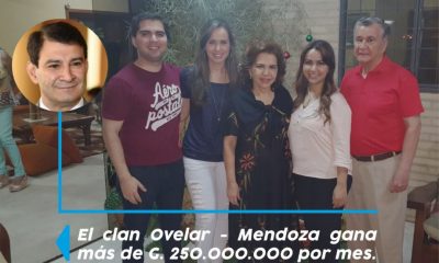 En la foto: Silvio Ovelar (senador), José Mendoza (juez), Magnolia Mendoza (Itaipú), Irma Balmaceda de Mendoza (denunciada), Violeta Mendoza (Yacyretá) y Armando Mendoza (Yacyretá).