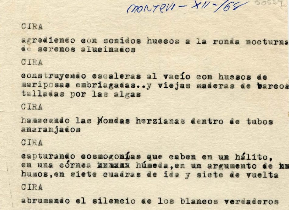 Archivo Cira Moscarda. Fragmento de texto quizás escrito a cuatro manos por Cira Moscarda y Alfredo Seppe, 1968. Cortesía