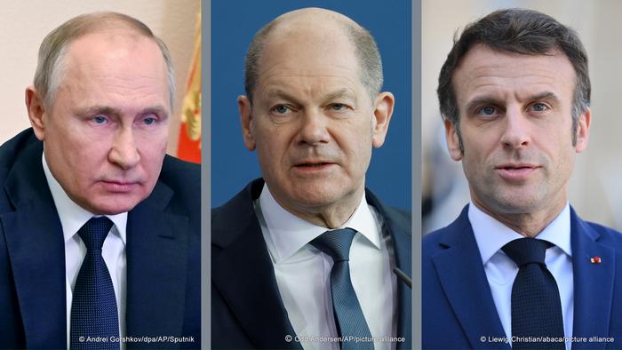 Emmanuel Macron y Olaf Scholz hablaron dos horas con el presidente ruso, que acusó a Ucrania de no respetar el derecho humanitario. Foto: DW.