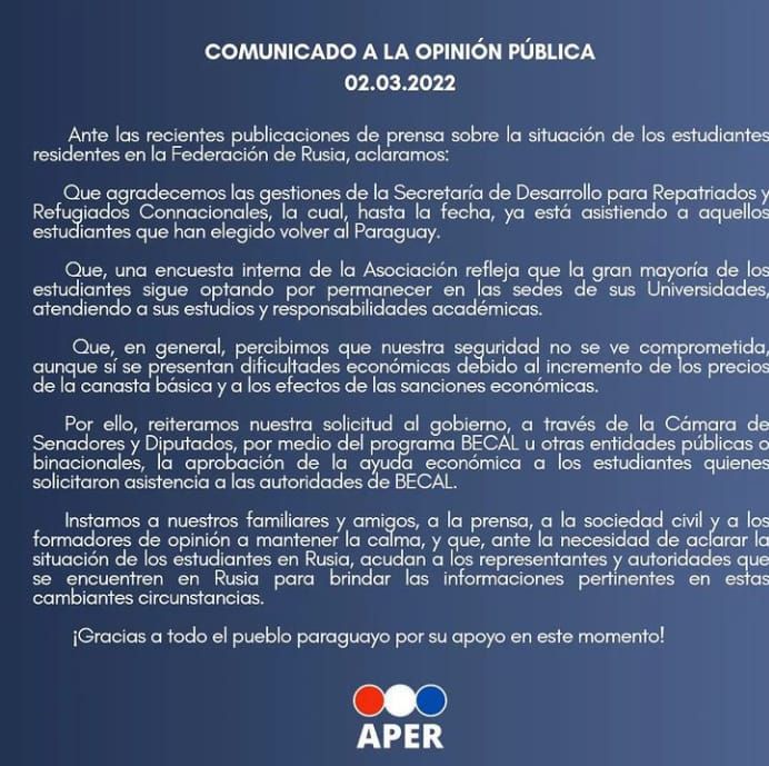 Comunicado de la APER. (Gentileza)