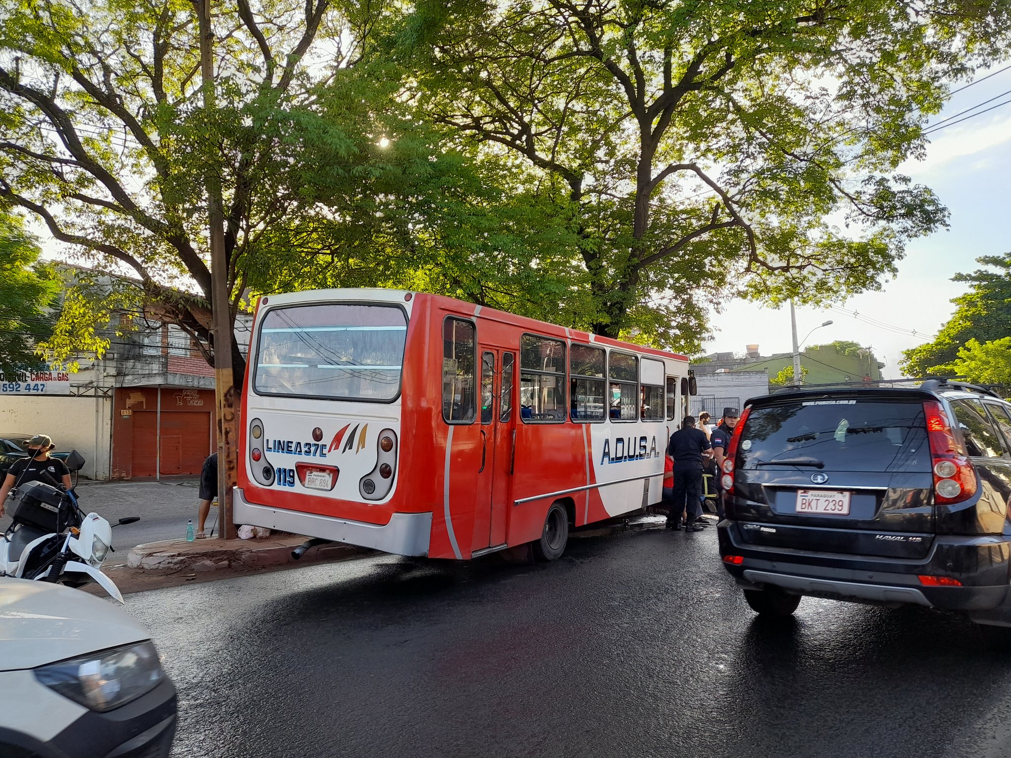 El colectivo que chocó contra un árbol. (Foto @briancaceresv).