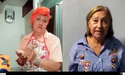 Olga Mata, a la izquierda haciendo el polémico video sobre la venta de sus arepas, y a la derecha pidiendo disculpas para quedar en libertad. Foto: Captura de pantalla.
