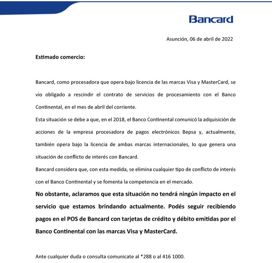 Comunicado de Bancard.