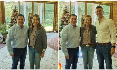 En la foto, María Teresa Peralta junto con Horacio Cartes y Santiago Peña. La gráfica desató varias críticas en las redes sociales. (Gentileza)