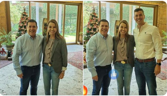 En la foto, María Teresa Peralta junto con Horacio Cartes y Santiago Peña. La gráfica desató varias críticas en las redes sociales. (Gentileza)