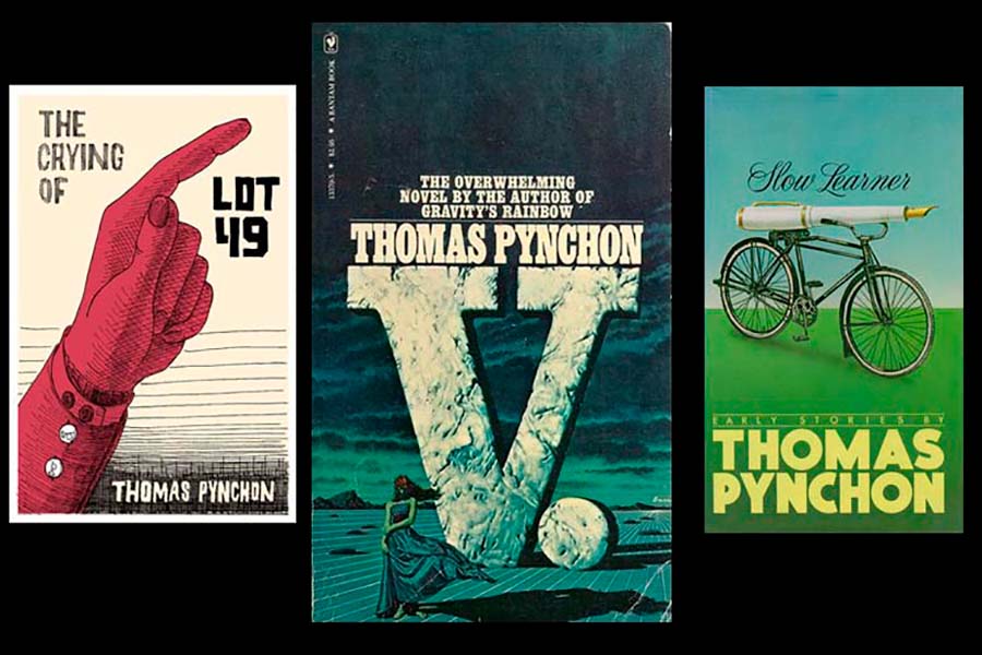 Thomas Pynchon. Portadas de sus novelas "The Crying of Lot 49", "V" y "Slow Learner". Cortesía