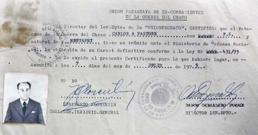 APH, “Colección Bibliográfica y Documental Carlos Pastore”, Caja N° 33, Certificado de Ex-Combatiente de la Guerra del Chaco, 07/07/1975.