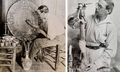 Manises, Valencia. Julián de la Herrería pintando el gran brasero de “Viracocha” (1923) y trabajando en “Ocara Poty”, pie de lámpara (1930). Cortesía Miguel Ángel Fernández