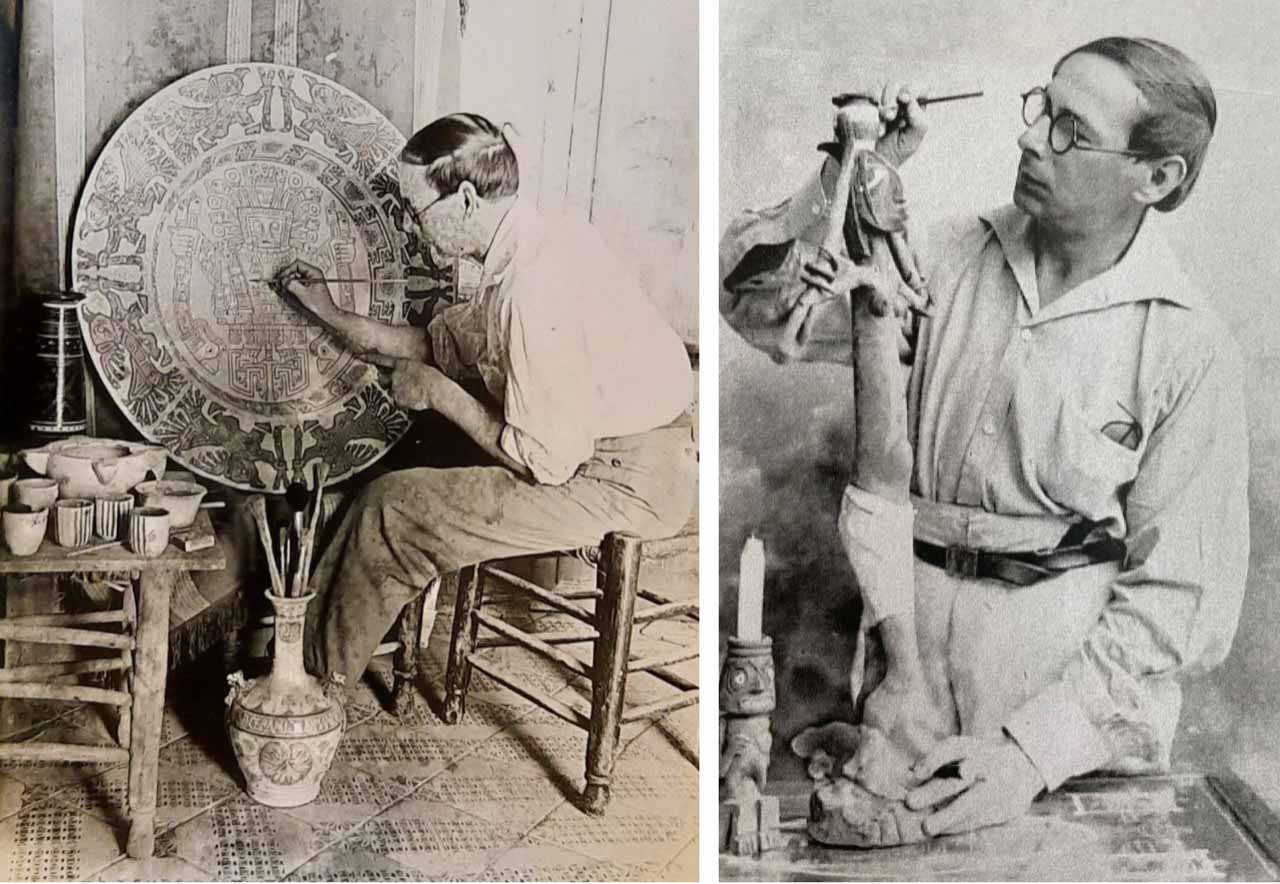 Manises, Valencia. Julián de la Herrería pintando el gran brasero de “Viracocha” (1923) y trabajando en “Ocara Poty”, pie de lámpara (1930). Cortesía Miguel Ángel Fernández