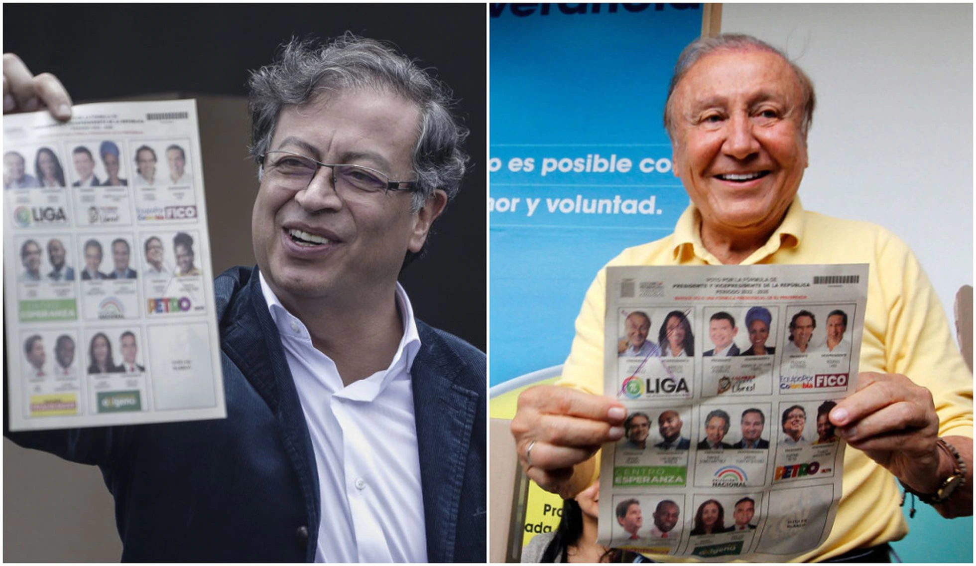 Los candidatos Gustavo Petro y Rodolfo Hernández durante las elecciones de Colombia después de votar. Foto: El País.