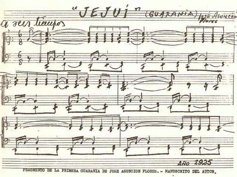 Partitura de la guarania "Jejuí", de José Asunción Flores. Cortesía