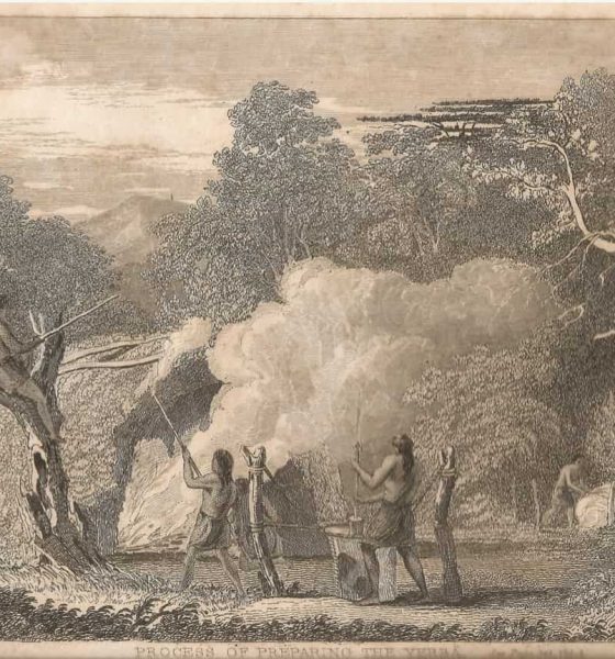 Procesamiento de la yerba. Grabado en metal, en J. P. y W. P. Robertson, 1838. Imagoteca Paraguay