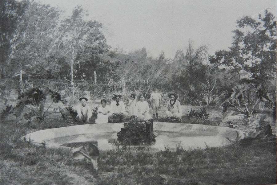 Jardín con fuente de agua, próximo a la Casa Alta, ca. 1900. Fuente: Monte Domecq
