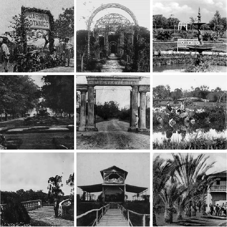 Diversos escenarios del Jardín Botánico hacia 1920, hoy desaparecidos o en ruinas. Fuente: Cátedra Historia de la Arquitectura del Paisaje en Paraguay (FADA-UNA).