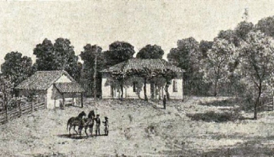 Casa donde vivió Artigas (izq.), grabado, ca. 1846. Fuente: A. Demersay