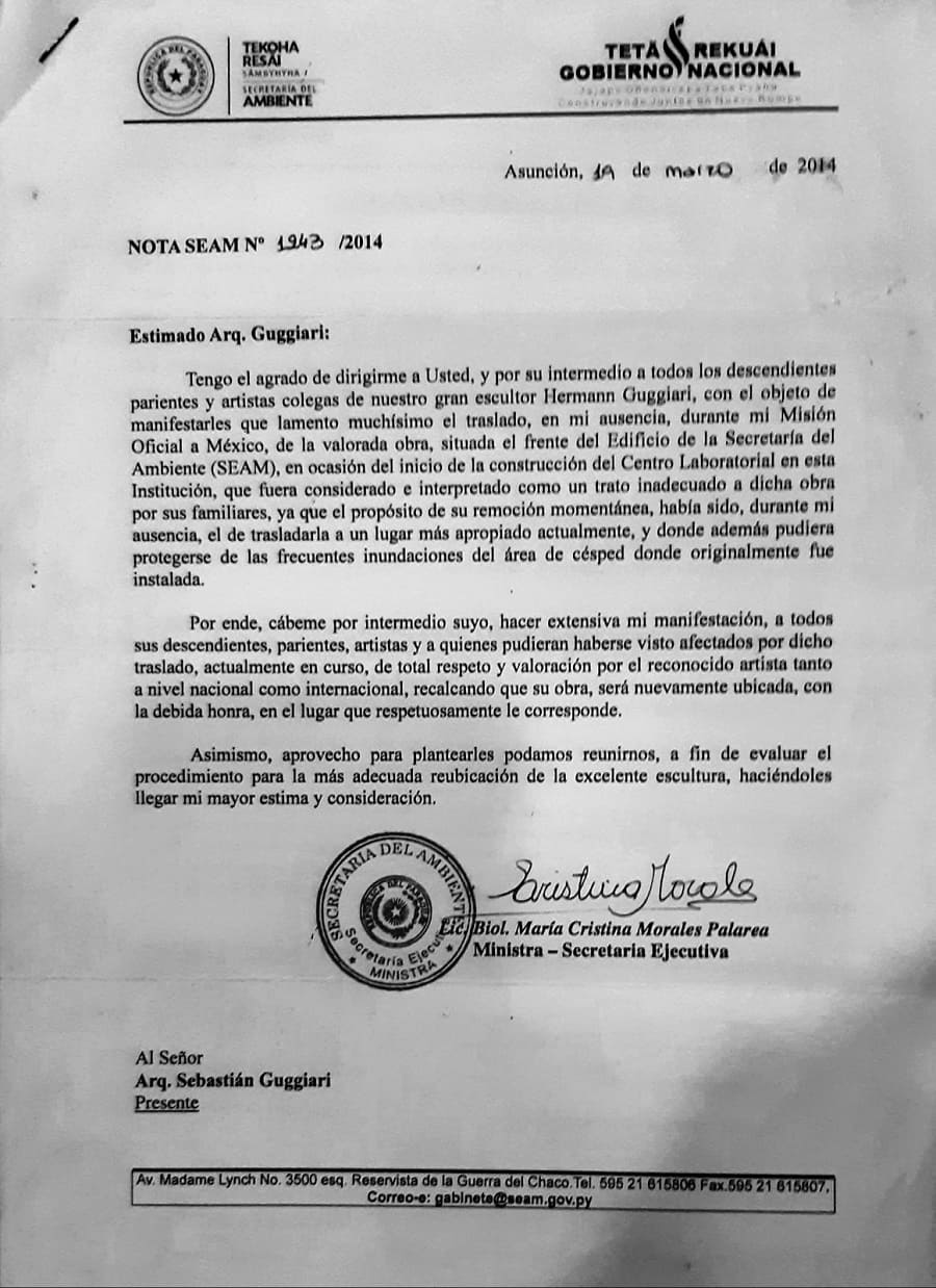 Nota de disculpas de la ministra de la SEAM, María Cristina Morales Palarea. Cortesía