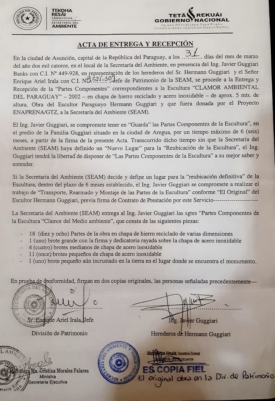Acta de entrega y recepción de las partes de la obra "Clamor ambiental del Paraguay", de Hermann Guggiari. Cortesía