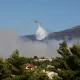 Un avión Canadair lanza agua mientras arde un incendio forestal en el suburbio de Pikermi en Atenas, Grecia. Foto: Infobae