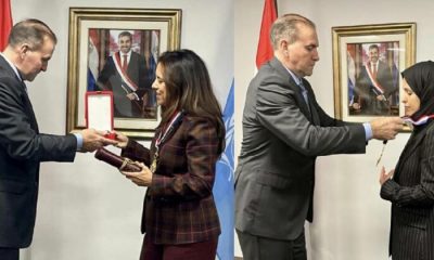 El canciller Julio César Arriola otorgó la condecoración a las embajadores de Qatar y Emiratos Árabes ante la ONU. (Foto: Cancillería)