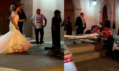 La flamante esposa con el vestido ensangrentado y el esposo siendo trasladado al hospital. Foto: El País.