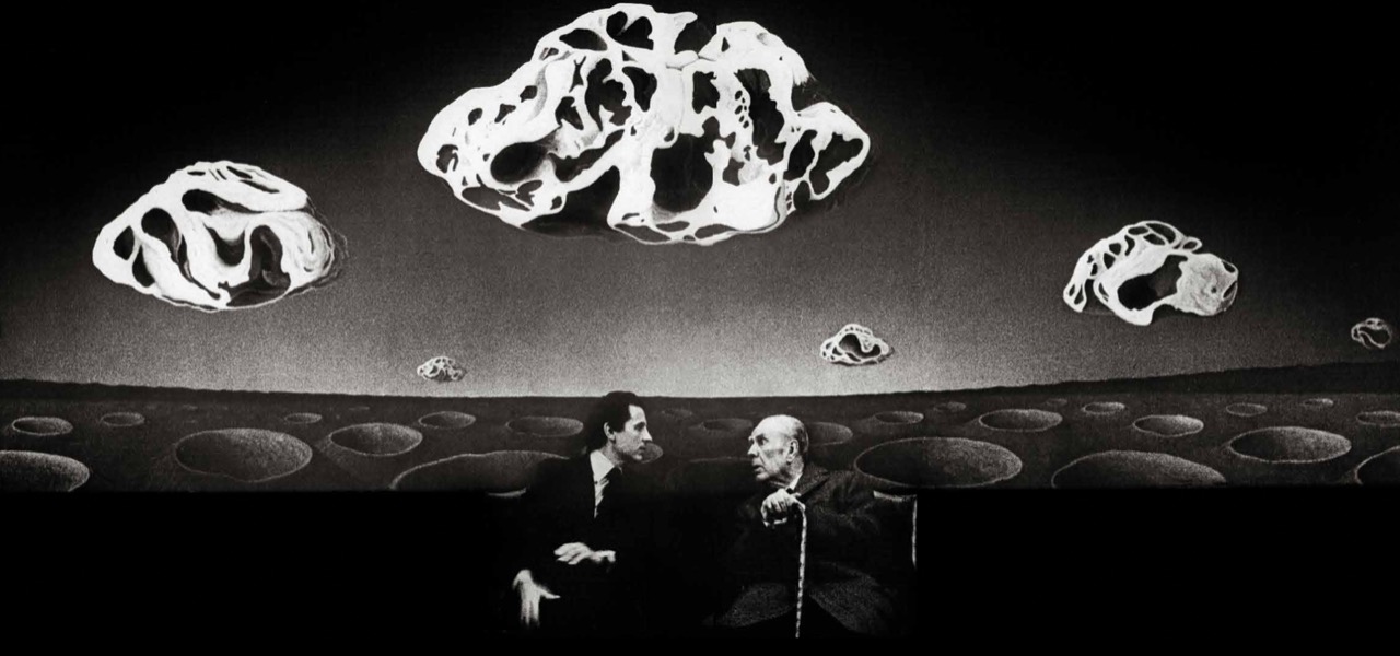 Aldo Sessa y Jorge Luis Borges delante de la pintura de Sessa "Antes del principio”. La obra hoy está en la NASA. Cortesía