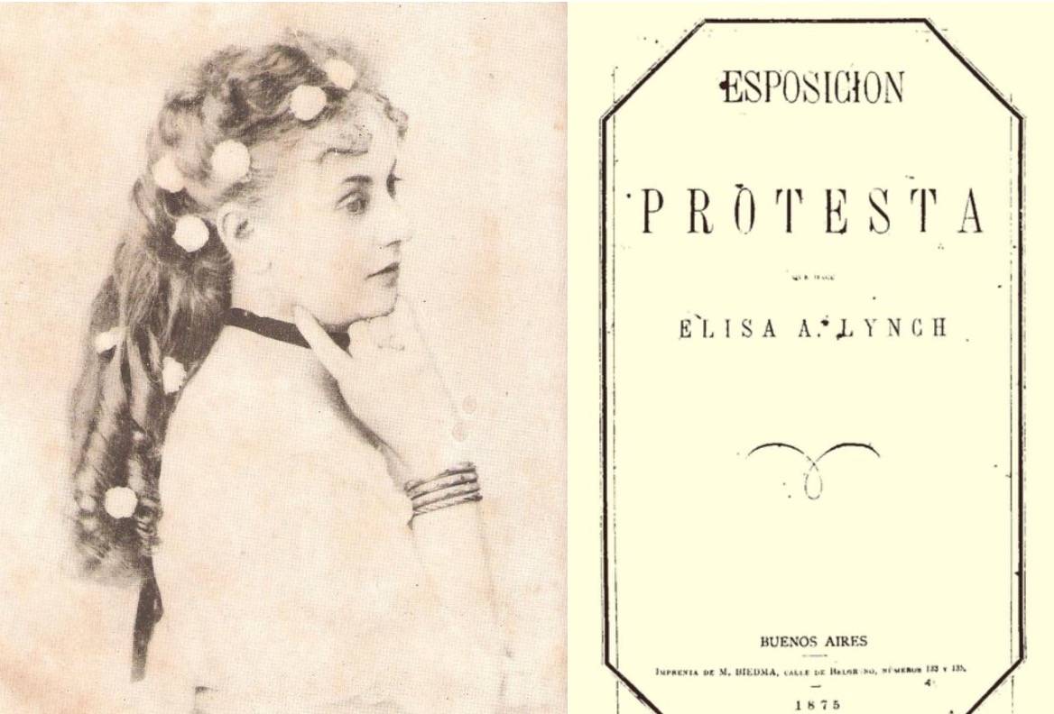 Elisa Lynch y la portada de Protesta, en la que expone su reclamo de bienes. Archivo