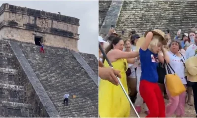 Turista subió al castillo principal de Chichén Itzá. Foto: Infobae