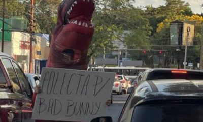 El joven de 18 años juntaba dinero disfrazado de dinosaurio. Foto: Gentileza.