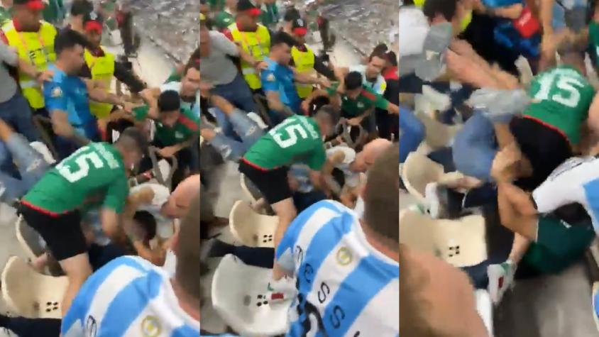 Pelea campal en las graderías durante el partido entre Argentina y México. Foto. Captura
