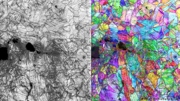 Vista microscópica del nuevo material que muestra cómo una fractura lucha por propagarse cuando está a un puñado de grados por encima del cero absoluto. Foto: DW.