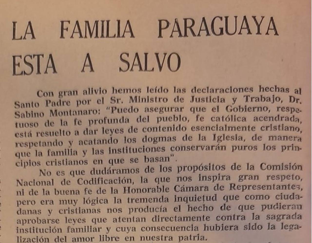 La propuesta de reforma del Código Civil de la Comisión Nacional de Codificación, presidida por el jurista Luis de Gásperi a mediados de la década de 1960 desató un intenso debate con la intelectualidad y el clero católicos. Fue finalmente rechazada por la dictadura. Comunidad, segunda semana de febrero de 1965, No. 375.