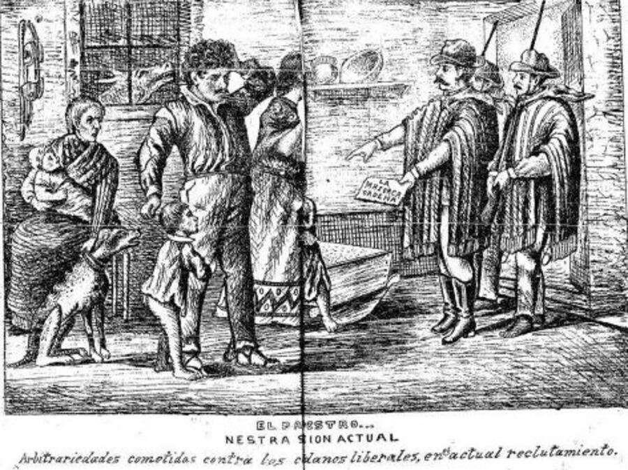 El Látigo Inmortal se hacía eco de las levas y reclutamientos forzosos en tiempos de guerras civiles. Edición del 1º de setiembre de 1889. Cortesía Claudio Fuentes Armadans.