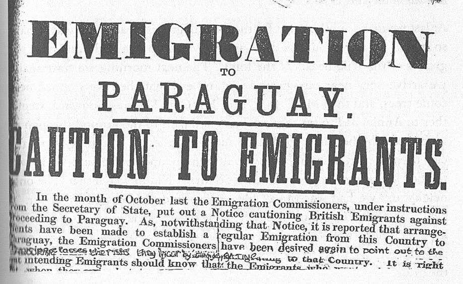 Afiche distribuido en Londres en 1873 que advertía a los emigrantes de la situación del Paraguay de posguerra (FB Asociación Cultural Manduara)