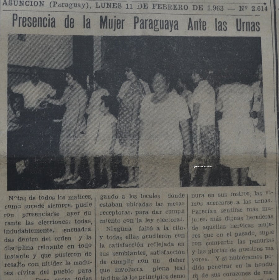 Primera vez que las mujeres votaron en una elección presidencial febrero de 1963. Fuente: Diario Patria. Hemeroteca Biblioteca Nacional del Paraguay