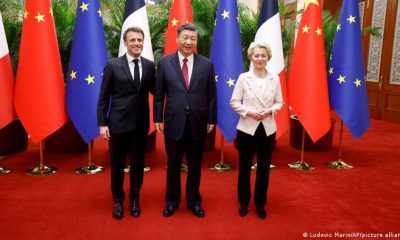 Emmanuel Macron (izqda.), Xi Jinping y Ursula von der Leyen, en Pekín. Foto: DW.